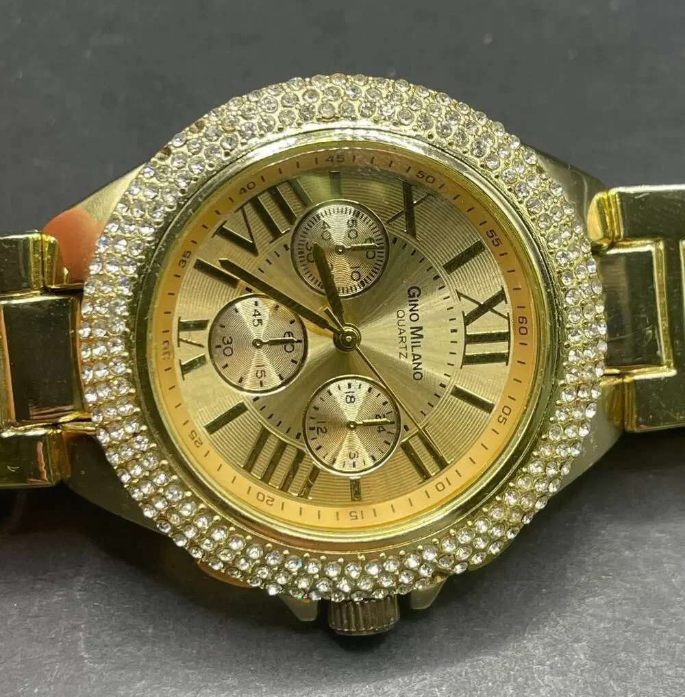 Gino Milano Women's Gold Tone Crystal Bezel Quartz Wrist Watch Roman Numerals